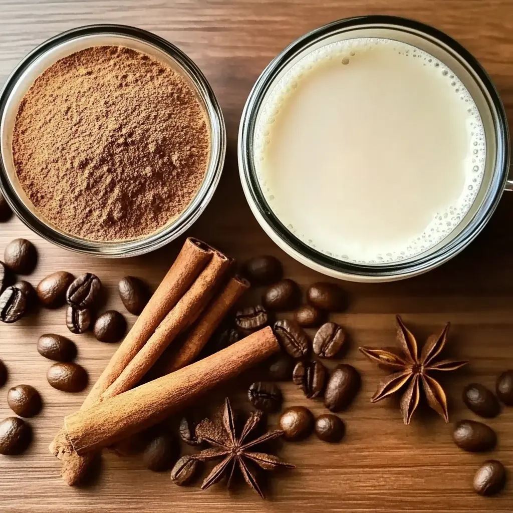 Coffee ingredients including ground coffee, powdered milk, cinnamon sticks, anise stars, and whole coffee beans arranged on a wooden surface