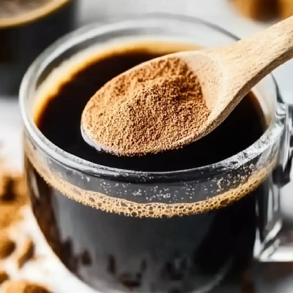 Adding cinnamon powder to a cup of dark coffee, with cinnamon sticks and powdered ingredients in the background.